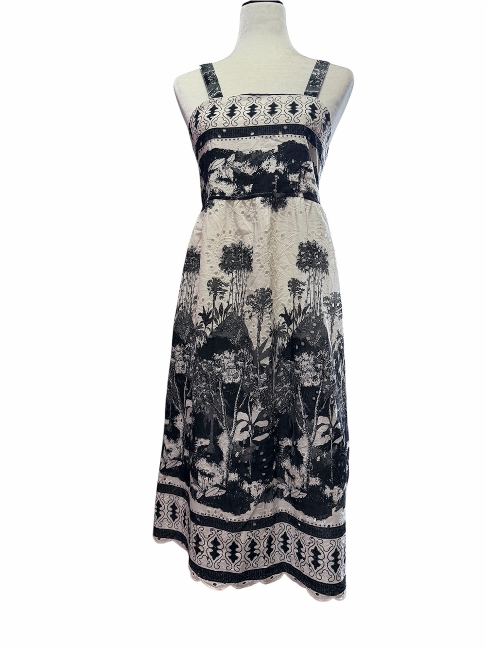NEW Lungo L’Arno Black & White Tropical Print Eyelet Midi Sundress US M